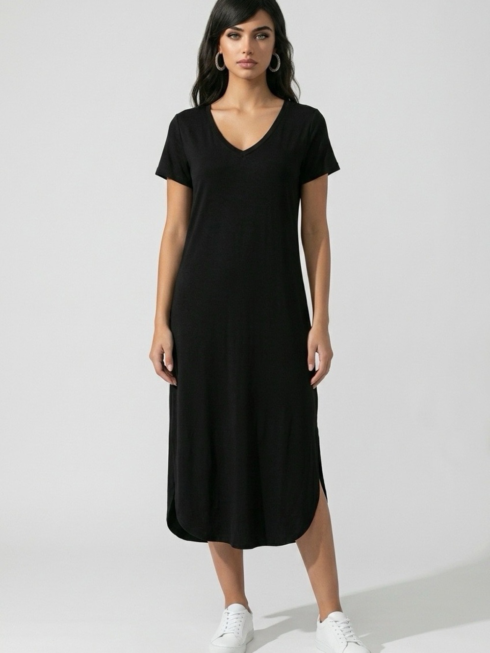 Time and Tru Black V-Neck Short Sleeve Maxi Dress